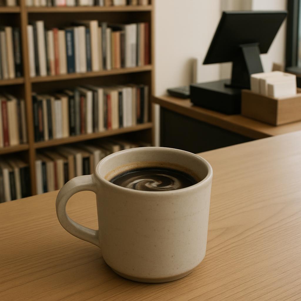 A beige cup of coffee sits on a light wood table in front of a desk and bookshelf.